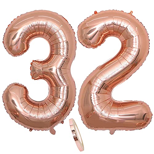 Folienballon Zahl Deko Rose Gold 32 für Frau Frauen, XXL 100cm Riesen Nummer Aufblasbar Helium Ballon Figuren Zahlen Luftballons Geschenk für 32. Jahre Geburtstag Hochzeit Jubiläum Party Dekoration von CHINPING