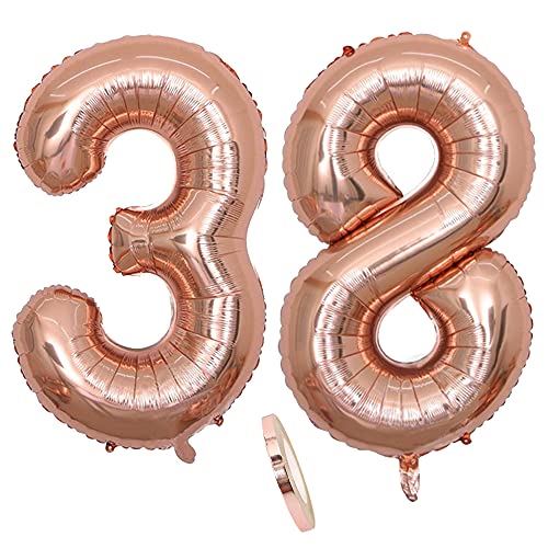 Folienballon Zahl Deko Rose Gold 38 für Frau Frauen, XXL 100cm Riesen Nummer Aufblasbar Helium Ballon Figuren Zahlen Luftballons Geschenk für 38. Jahre Geburtstag Hochzeit Jubiläum Party Dekoration von CHINPING