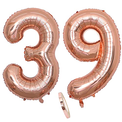 Folienballon Zahl Deko Rose Gold 39 für Frau Frauen, XXL 100cm Riesen Nummer Aufblasbar Helium Ballon Figuren Zahlen Luftballons Geschenk für 39. Jahre Geburtstag Hochzeit Jubiläum Party Dekoration von CHINPING