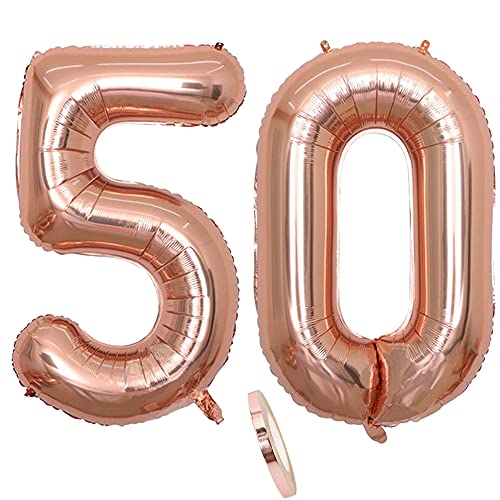 Folienballon Zahl Deko Rose Gold 50 für Frau Frauen, XXL 100cm Riesen Nummer Aufblasbar Helium Ballon Figuren Zahlen Luftballons Geschenk für 50. Jahre Geburtstag Hochzeit Jubiläum Party Dekoration von CHINPING