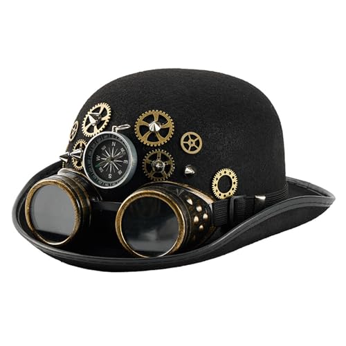 CHIZISX Abnehmbare Brille und Kompasse, Nieten, verstärkter ovaler Zylinderhut, Halloween-Kostüm, Zubehör für Outdoor-Abenteuer, abnehmbare Brille, Steampunk-Hut von CHIZISX