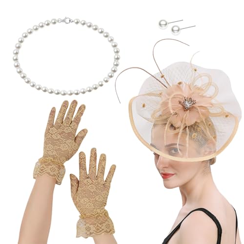 CHIZISX Französischer Fascinator-Hut mit Halskette, Handschuhen und Ohrsteckern, Kostüm-Set für Pferderennen und Halloween-Partys, Verkleidungen, Rollenspiel-Zubehör von CHIZISX