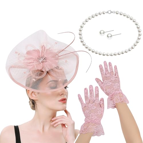 CHIZISX Französischer Fascinator-Hut mit Halskette, Handschuhen und Ohrsteckern, Kostüm-Set für Pferderennen und Halloween-Partys, Verkleidungen, Rollenspiel-Zubehör von CHIZISX