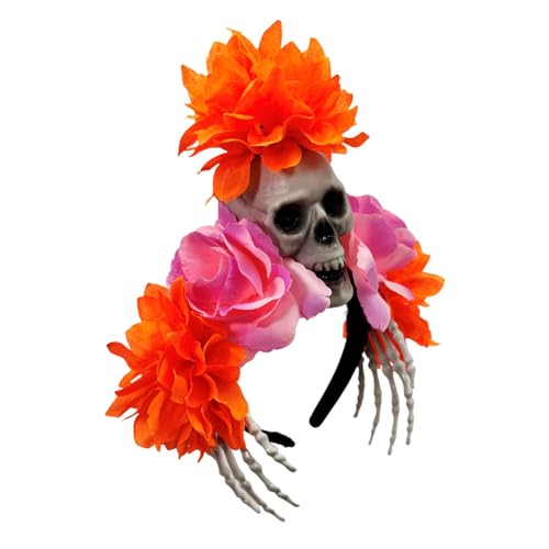 CHIZISX Gothic-Totenkopf-Haarband mit verstellbarer Skelett-Hand & Harzblumen für Halloween-Partys & Cosplay, Halloween, Totenkopf-Haarschmuck von CHIZISX