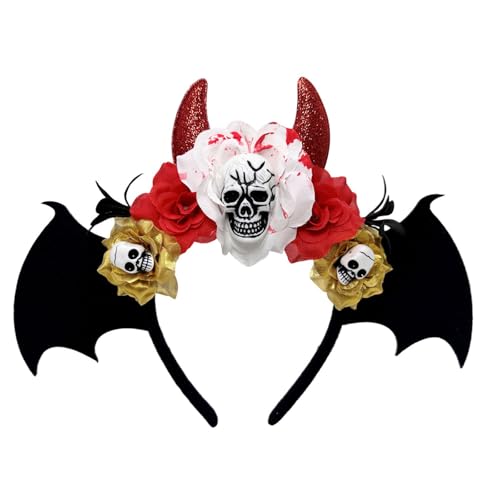 CHIZISX Halloween-Haarreif mit Totenkopf-Blume, mit verstellbarem Gummiband für Erwachsene und Kinder, Zubehör, Halloween-Schädel-Haarreif von CHIZISX