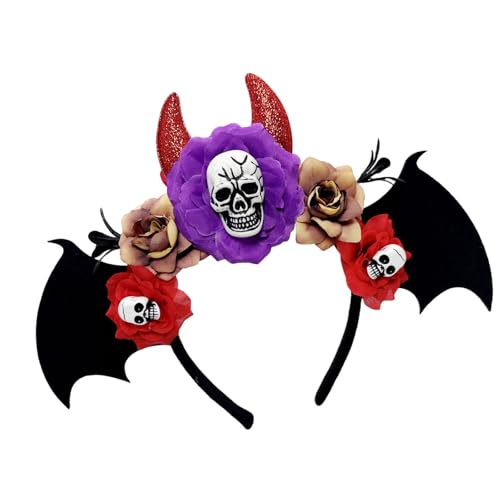 CHIZISX Halloween-Haarreif mit Totenkopf-Blume, mit verstellbarem Gummiband für Erwachsene und Kinder, Zubehör, Halloween-Schädel-Haarreif von CHIZISX