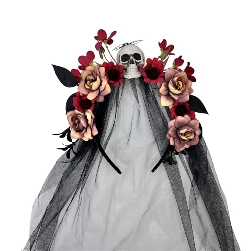 CHIZISX Halloween-Hexen-Haarband mit Totenkopf-Blumen-Designs, Tüllschleier für Tag der Toten, Kostümzubehör, Festival-Requisiten, Festival-Haarband CHIZISX Halloween-Hexen-Haarband mit Totenkopf-Blumen-Designs, Tüllschleier für Tag der Toten, Kostümzubehör, Festival-Requisiten, Festival-Haarband von CHIZISX