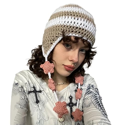 CHIZISX Mädchen Cartoon Regenbogen Gestreifte Strickmütze Y2K Party Foto Requisiten Hot Girl Cute Slouchy Strickmütze von CHIZISX