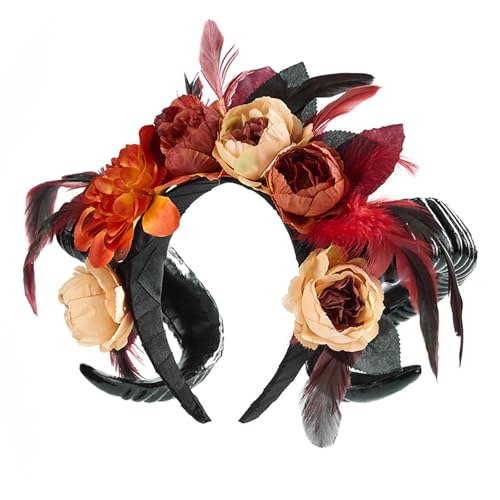 CHIZISX Punk Schafhorn Stirnband mit dunklen Rosen für Halloween-Partys und Festivals, weich, bequem, Haarschmuck für Frauen, Gothic-Rose, Stirnbänder, Cosplays von CHIZISX