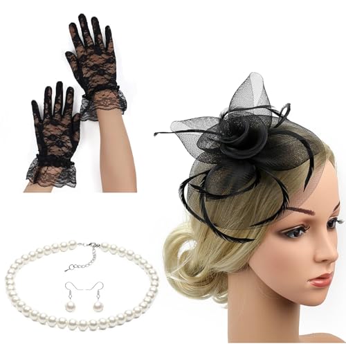 CHIZISX Stilvoller Kopfschmuck, Fascinator für Damen, Teeparty, inklusive Hüte, Spitze, kurze Handschuhe, Nachahmung, Perlen, Halskette, Ohrringe, Tee, Party, Fascinator, Hut für Frauen CHIZISX Stilvoller Kopfschmuck, Fascinator für Damen, Teeparty, inklusive Hüte, Spitze, kurze Handschuhe, Nachahmung, Perlen, Halskette, Ohrringe, Tee, Party, Fascinator, Hut für Frauen von CHIZISX
