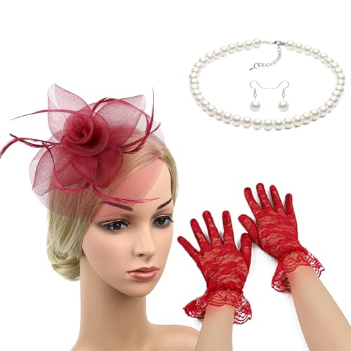 CHIZISX Stilvoller Kopfschmuck, Fascinator für Damen, Teeparty, inklusive Hüte, Spitze, kurze Handschuhe, Nachahmung, Perlen, Halskette, Ohrringe, Tee, Party, Fascinator, Hut für Frauen CHIZISX Stilvoller Kopfschmuck, Fascinator für Damen, Teeparty, inklusive Hüte, Spitze, kurze Handschuhe, Nachahmung, Perlen, Halskette, Ohrringe, Tee, Party, Fascinator, Hut für Frauen von CHIZISX