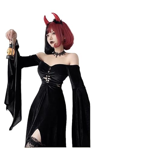 CHJIEXDEC Europäisches und amerikanisches dunkles Gothic-Kostüm Hexe Vampir Sensenmann schwarzes Kleid, Kleid + kleines rotes Horn, XX-Large von CHJIEXDEC