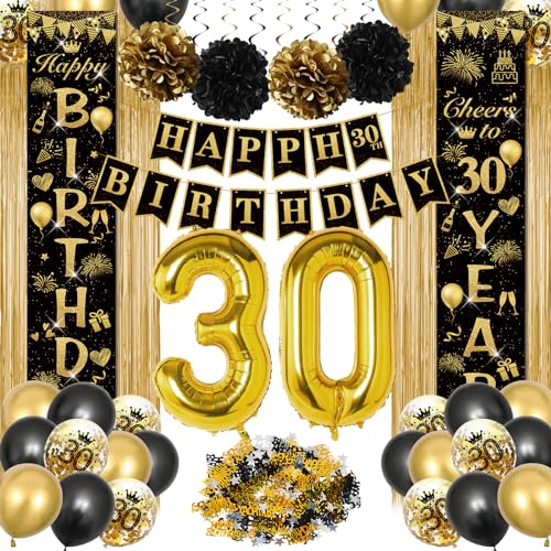 30 Geburtstag Deko, Geburtstagsdeko Frau Männer, Happy Birthday Girlande, Luftballons Schwarz Gold Deko, Happy Birthday Tür Banner, Nummer 30 Folienballons,Lametta Vorhang, Konfetti Luftballons von CHMMY