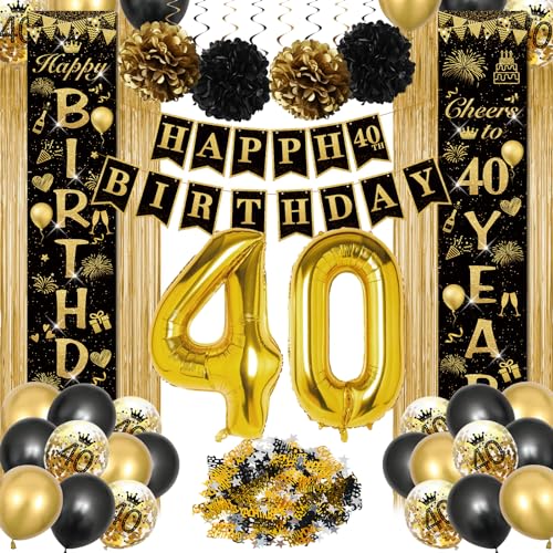 Geburtstagsdeko 40 Frauen Männer, Luftballons Schwarz Gold Deko, 40 Geburtstag Deko, 40th Luftballons Happy Birthday Girlande, Nummer 40 Folienballons,Lametta Vorhang, Konfetti Luftballons von CHMMY