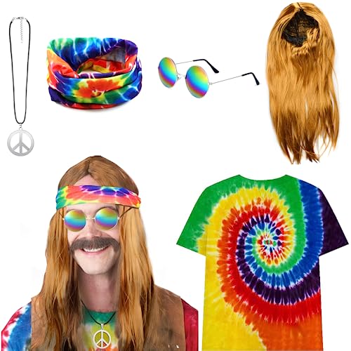 CHMMY 70er Hippie Kostüm Set, Hippie Accessories T-Shirt Perücke Brille Peace Halskette Stirnband, 60er 70er Jahre Outfit Hippie Kostüm Herren Damen für Fasching Karneval Party 70er Jahre Themenparty von CHMMY