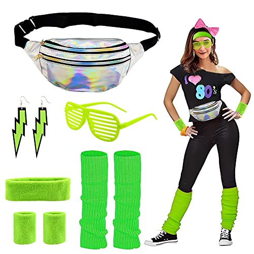 CHMMY 80er Jahre Accessoires Outfit Damen, 80er Jahre Kleidung Damen Set mit Bauchtasche, Stirnband, Beinwärmer, Armbänder, Brille und Ohrring für Karneval Neon 80 Jahre Party Outfit Damen Grün CHMMY 80er Jahre Accessoires Outfit Damen, 80er Jahre Kleidung Damen Set mit Bauchtasche, Stirnband, Beinwärmer, Armbänder, Brille und Ohrring für Karneval Neon 80 Jahre Party Outfit Damen Grün von CHMMY