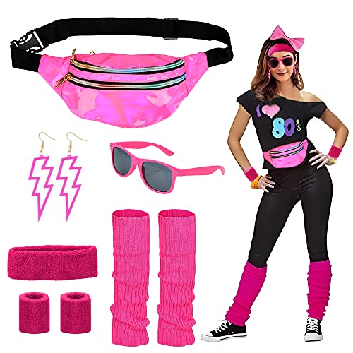 CHMMY 80er Jahre Accessoires, Kleidung Set mit Bauchtasche, Stirnband, Beinwärmer, Armbänder, Brille und Ohrring für Karneval Neon 80 Jahre Party Outfit Damen Rosenrot CHMMY 80er Jahre Accessoires, Kleidung Set mit Bauchtasche, Stirnband, Beinwärmer, Armbänder, Brille und Ohrring für Karneval Neon 80 Jahre Party Outfit Damen Rosenrot von CHMMY