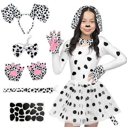 CHMMY Dalmatiner Kostüm cruella devil kostüm Kinder Dalmatiner Ohren Stirnbänder Schwanz Fliege Selbstklebendes Papier Tüllrock Dalmatiner Kostüm Set Halloween Cosplay Kostüm Damen Kinder von CHMMY