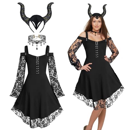 CHMMY Gothic Halloween Kleid Kostüm Damen Maleficent Kostüm für Frauen Festliches Vintage Schwarz Hexenkleid Cosplay Party Karneval Fasching Maskerade von CHMMY
