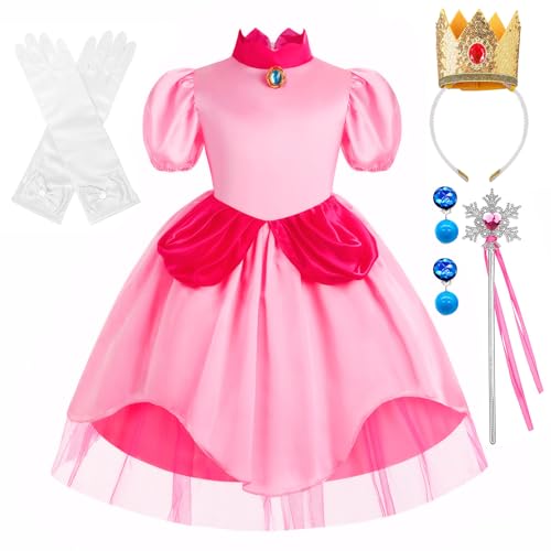 CHMMY Peach Kostüme Mädchen Prinzessin Peach Kleid Kinder 7-8 Jahre Kinder Kostüm Outfit Kleider Cosplay mit Zubehör für Halloween Karneval Hochzeit Geburtstag Party Verkleidung Kinder von CHMMY