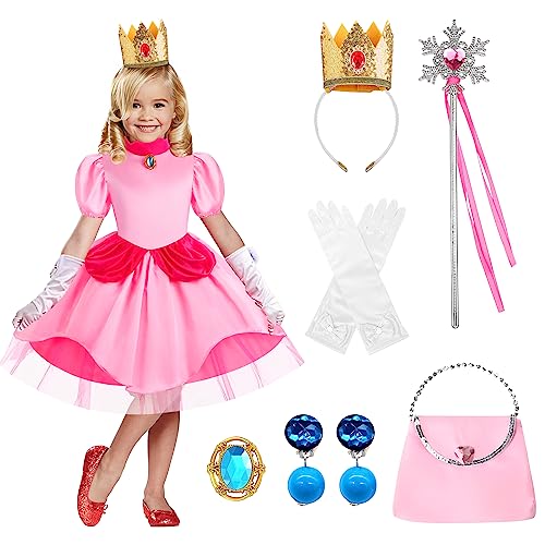 CHMMY Peach Kostüme Mädchen Prinzessin Peach Kleid Kinder Kostüm Outfit Kleider Cosplay mit Zubehör für Halloween Karneval Hochzeit Geburtstag Party Verkleidung Kinder von CHMMY