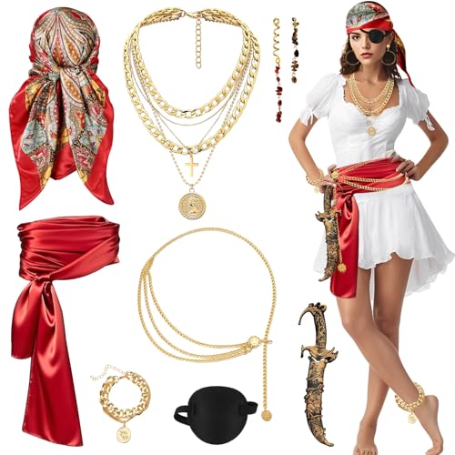 CHMMY Piratenkostüm Damen, 9 Stück Piraten Kostüm Frauen Piraten Zubehör mit Kopftuch Taillengürtel Taillenkette Augenklappe Schmuck Haarschmuck Piratendirk für Karneval Fasching Halloween von CHMMY