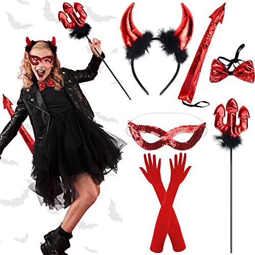 CHMMY Teufelshörner kostüm Halloween kostüm Teufel Damen Hörner Rot Dreizack, Maske, Fliege, Handschuhe, Schwanz kostüm Teufel mädchen Perfekt für Karneval Halloween Cosplay Maskerade von CHMMY