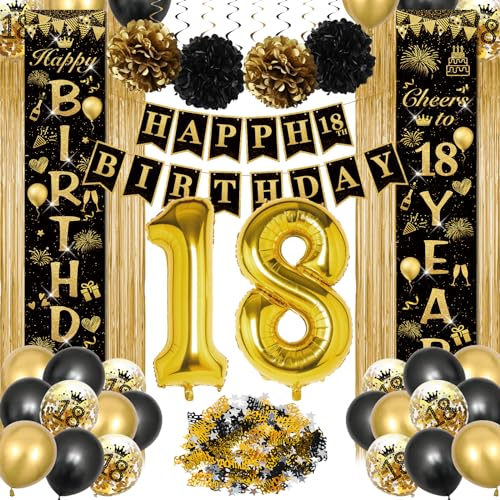 CHMMY 18 Geburtstag Deko Junge Mädchen, Geburtstagsdeko Schwarz Gold, Luftballons Schwarz Gold, Happy Birthday Girlande, Happy Birthday Tür Banner, Lametta Vorhang für 18 Geburtstag Deko von CHMMY