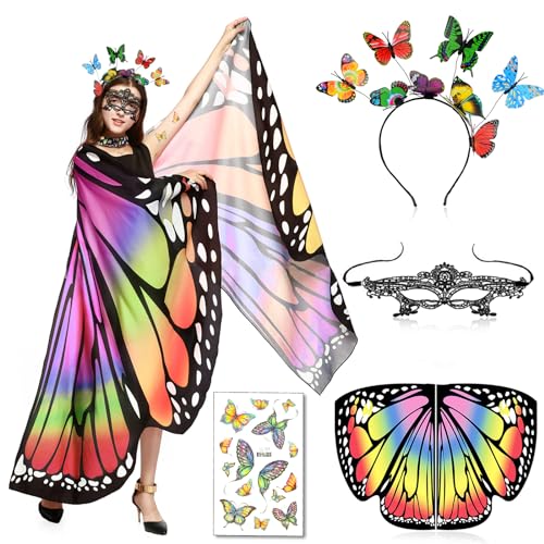 CHMMY Schmetterling Kostüm Damen Flügel Kostüm mit Augenbinde Schmetterlingskopfschmuck für Party Weihnachten Kostüm Cosplay Karneval Fasching von CHMMY
