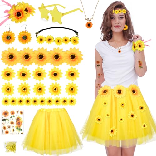 Sonnenblumen Kostüm Damen, 25 Stück Künstliche Sonnenblumen, Gelb Tüllrock, Sonnenblumen Haarschmuck, Sonnenblumen Ohrringe, Halsketten, Blumen Kostüm Damen für Karneval Halloween Fasching Mottoparty Sonnenblumen Kostüm Damen, 25 Stück Künstliche Sonnenblumen, Gelb Tüllrock, Sonnenblumen Haarschmuck, Sonnenblumen Ohrringe, Halsketten, Blumen Kostüm Damen für Karneval Halloween Fasching Mottoparty von CHMMY