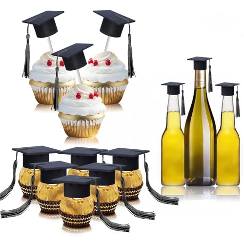 12 Stück Schwarz Cake Topper Abschluss Hut Torten Deko, Bachelor Hut Tortendeko, Mini Weinflasche Deko mit Schwarz Quasten, Abschluss Kuchen Deko für Graduation Party, Abschlussfeier (A) von CHONGQILAO