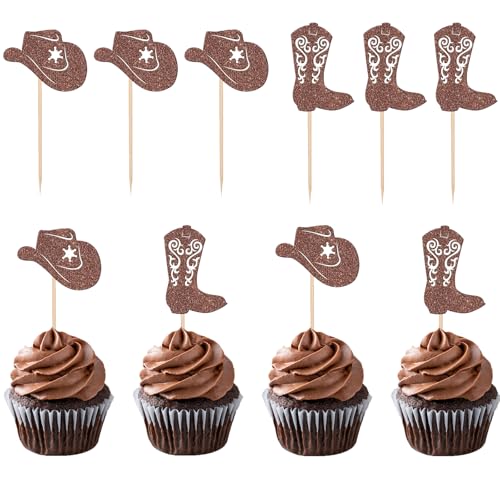 24 Stück Braun Cake Topper Cowboy Tortendeko, Cowboy Kuchen Deko, Cupcake Deko Geburtstag, Cowboy Hüte Stiefel Kuchen Topper, Kuchendeko Western für Babypartys Western Theme Party Geburtstag Party von CHONGQILAO
