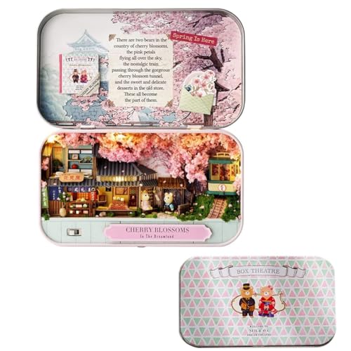 Puppenhaus-Miniatur-Set, Holz-Puppenhaus, Mini-Eisen-Box, Theatermodell, handgefertigtes DIY-Hausmodell für Teenager, Geschenk für Erwachsene (Kirschblüten) von CHOOYIH