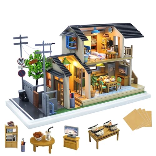 Puppenhaus-Miniatur im japanischen Stil mit Möbeln und Staubschutz, DIY-Holzpuppenhaus-Set, DIY-Holzpuppenhaus-Modellbausätze für Erwachsene zum Bauen von CHOOYIH