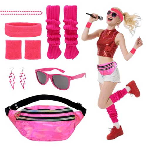 CHRI 80er 90er Jahre Outfit Damen Party Set, 7 Stück Neon Accessoires, Retro Sport Kleidung Accessoires für Karneval (Rosa) von CHRI