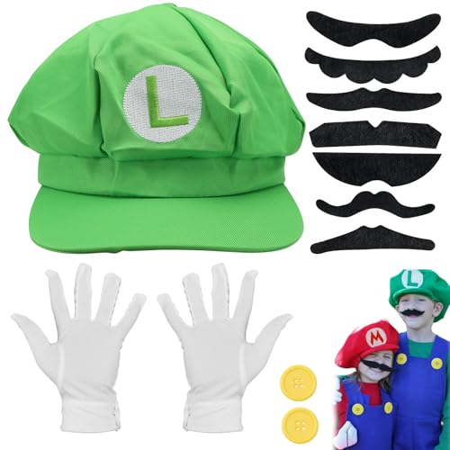 CHRI Super bros kostüm für cosplay, Kostüm Accessories Mütze Handschuhe Hut Bart Knöpfe für Fasching Halloween Karneval Cosplay (Grün) von CHRI