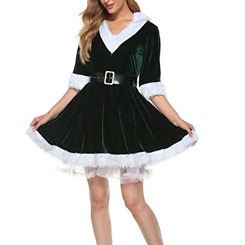 CHRONSTYLE Weihnachten weihnachtsmann Cosplay kostüm Frauen v-Ausschnitt Dress mit gürtel Damen Rollenspiel Outfits Fräulein Claus Kleid Party Cosplay Santa Outfit (Grün, L) von CHRONSTYLE