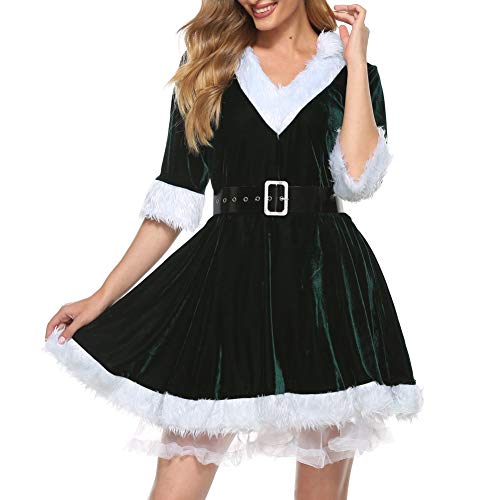 CHRONSTYLE Weihnachten weihnachtsmann Cosplay kostüm Frauen v-Ausschnitt Dress mit gürtel Damen Rollenspiel Outfits Fräulein Claus Kleid Party Cosplay Santa Outfit (Grün, XL) von CHRONSTYLE