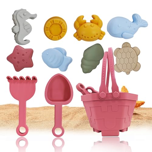 CHSEEO Sandspielzeug Silikon, 11 Stück Strandspielzeug Kinder, Sandkasten Spielzeug mit Eimer, Sandformen, Tierformen, Netzbeutel, Gartenspielzeug für Kinder, Sandspielzeug für Mädchen Junge(Rosa) von CHSEEO