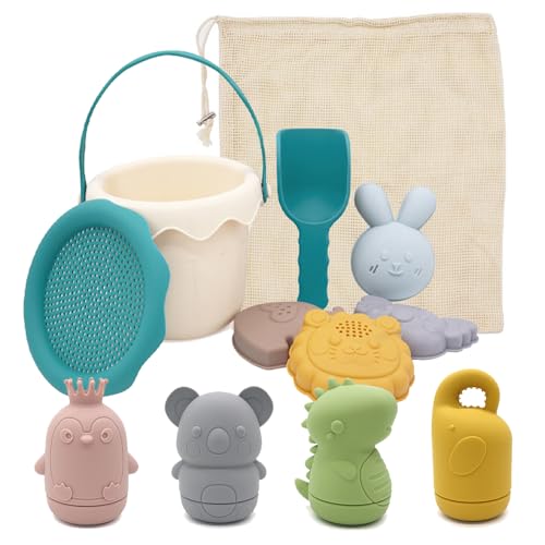 CHSEEO Sandspielzeug Silikon, 11 Stück Strandspielzeug Kinder, Sandkasten Spielzeug mit Eimer, Sandformen, Tierformen, Netzbeutel, Gartenspielzeug für Kinder, Sandspielzeug für Mädchen Junge-3 von CHSEEO