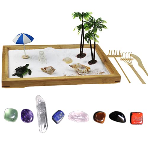 CHSEEO Zen Garten Sandkasten mit Heilstein Chakra, Japanischer Miniatur Zen Sand Garten Zengarten-Werkzeugen für Dekor Entspannung Meditation Buddhismus und Achtsamkeit #4 von CHSEEO