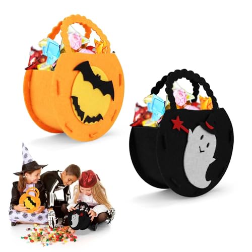 2 Stück Halloween Eimer für SüßIgkeiten, CHSEROK Halloween Taschen, Trick or Treat, Halloween Korb Kinder-Fledermaus-Geistermuster zur Aufbewahrung von Halloween-Süssigkeiten von CHSEROK