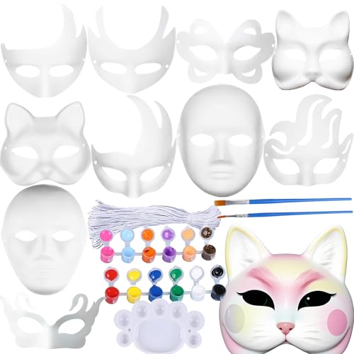 CHSG 40 Pack Diy Vollgesichtsmasken, 10-Klassische Stile, Mit 3-Millilitern 12-Farbfarbe, 2-Pinseln Und Einer, Weiße Maskenmasken, Überstreichbare Für Karneval, Cosplay, Halloween Party von CHSG