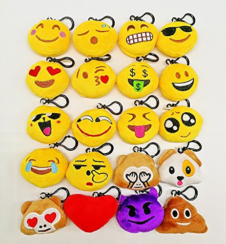 CHSYOO 20 Stücke Mini Emoji Schlüsselanhänger Durchmesser 5cm Smileys Plüsch Kissen Stil Tasche Anhänger, Geschenk für Geburtstag Kinderparty Babyparty Garten Party von CHSYOO