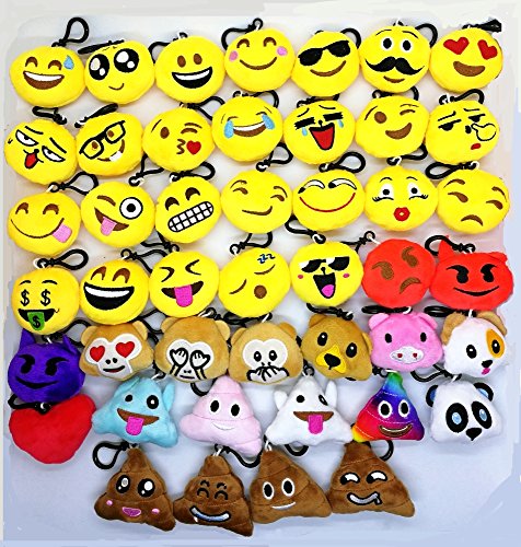 CHSYOO 45 Stücke Mini Emoji Schlüsselanhänger Durchmesser 5cm Smileys Plüsch Kissen Stil Tasche Anhänger, Geschenk für Geburtstag Kinderparty Babyparty Garten Party von CHSYOO