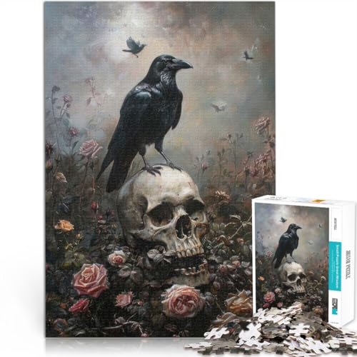 1000-Teile-Puzzle für Erwachsene Schwarze Krähe auf Totenkopf Aus Holz für 14+ Für Familienspaß und Spieleabende Künstlersammlung, Bildende Kunst。Größe：50x75cm/19.6x29.5Zoll von CHTLIFQ