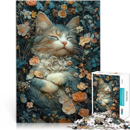 1000-Teile-Puzzles für Erwachsene Schlafende Katze in Blumen Aus Karton Geeignet für Personen ab 14 Jahren Denksportaufgabe Familienspiele Weihnachten Geburtstagsgeschenke。Größe：38x52cm/14.9x20.4Zoll von CHTLIFQ