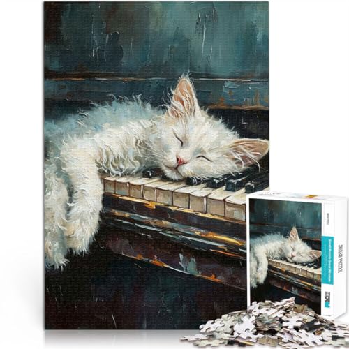 Puzzles für Erwachsene 1000 Puzzles Weiße Katze schläft auf Klavier Aus Karton für 14+ Anti-Stress-Spielzeug Tolle Geschenke und Spielzeuge。Größe：26x38cm/10.2x14.9Zoll von CHTLIFQ