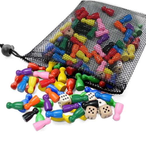 CHUANFU 80 Stück Spielfiguren für Brettspiele, 25 x12mm und 6 Würfel aus Holz mit Säckchen zur Aufbewahrung, Spielfiguren Set, Bunte Halmakegel Holz, für Flugschach, Dame, Brettspiele von CHUANFU