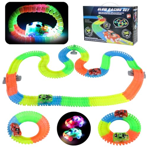 Spielzeug ab 3 4 5 Jahre Junge Leuchtende Autorennbahn - Flexible Kompatible Rennbahn mit 2 LED Auto Spielzeug Kinderspielzeug ab 3 Jahre Junge Mädchen Geburtstagsgeschenk für Kinder (240 Stück) von Akokie